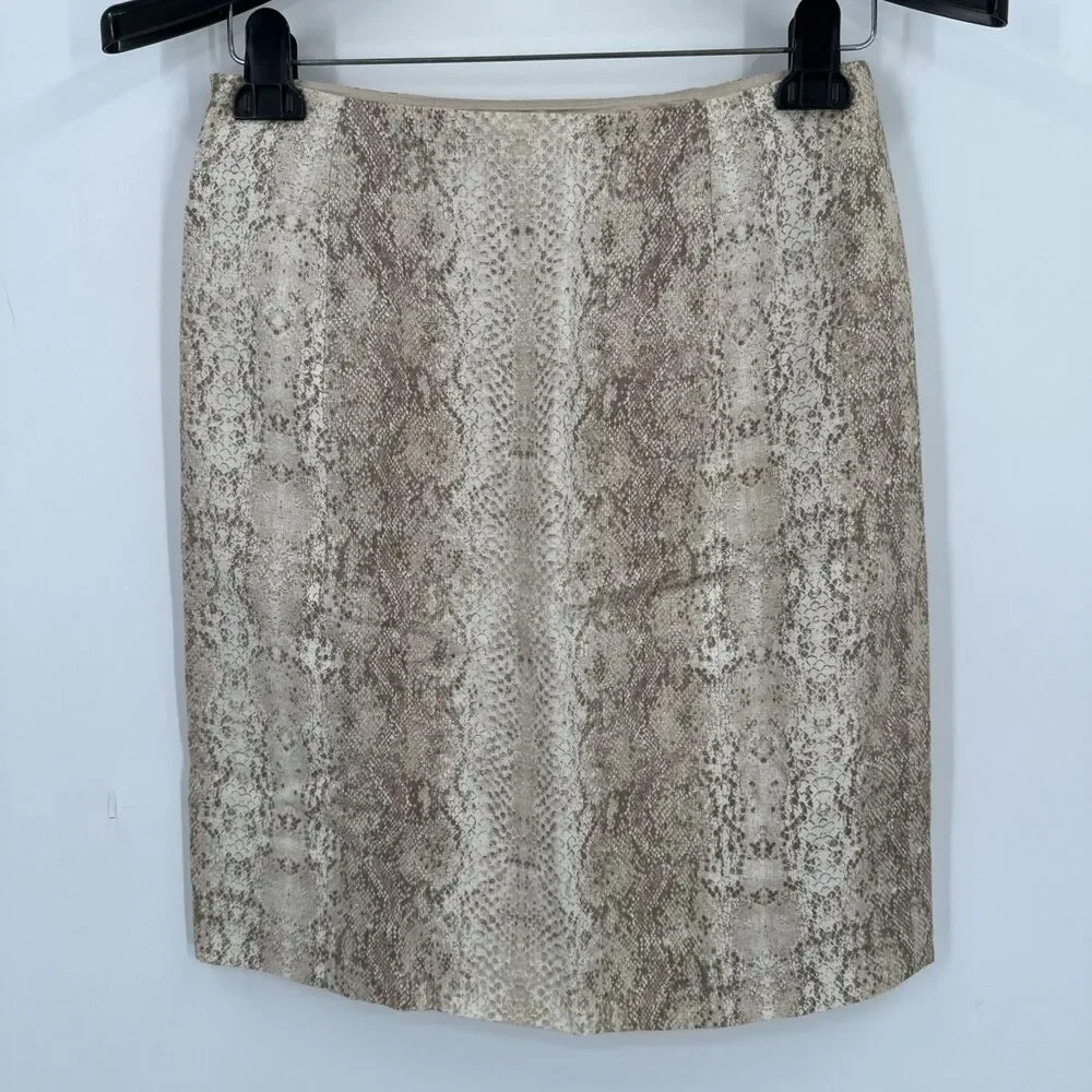 Worth Skirt 0 XS 100% Linen Neutral Animal Snake Print Tan Ivory A-Line Lined